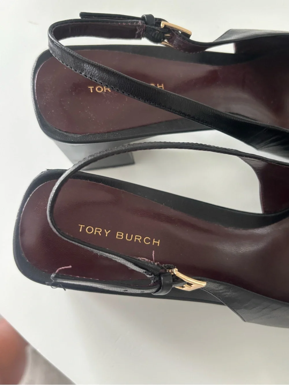 Tory Burch Black Leather Slingback Flats with Gold Logo Accent